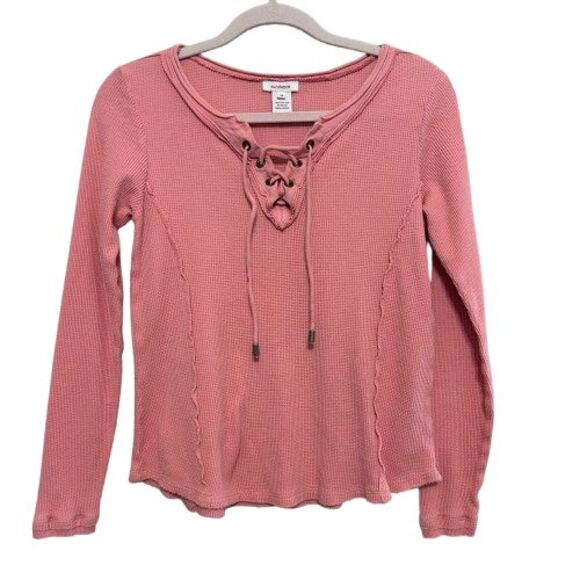 Sundance Lace Up Henley Waffle Knit Thermal Top Womens Medium Pink 100% Cotton - Picture 1 of 5
